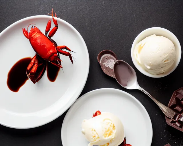 Image similar to dslr food photograph of a plate of vanilla ice cream and a crawfish, some chocolate sauce, 8 5 mm f 1. 4