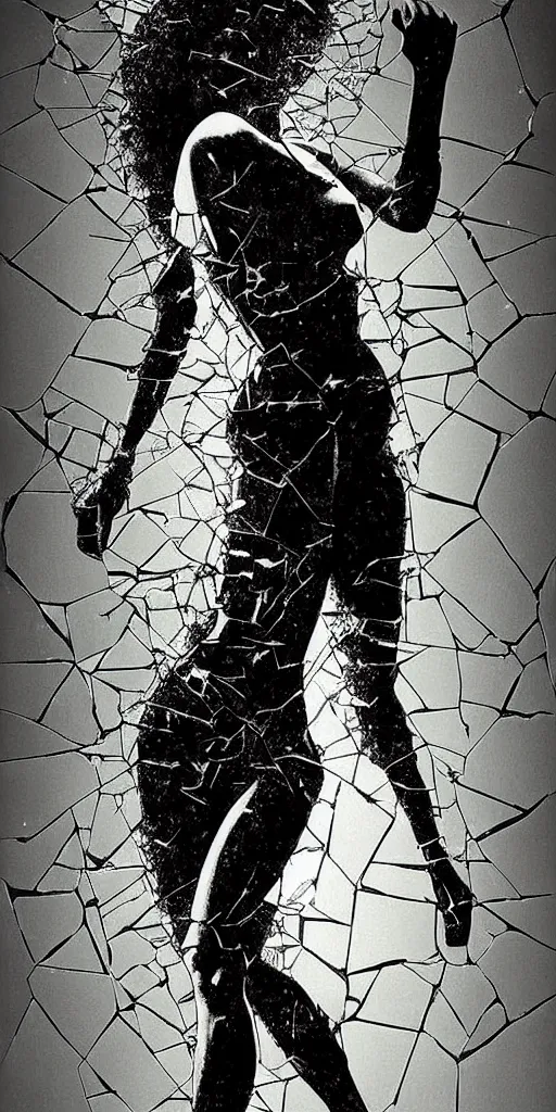 Prompt: shattered glass, the figure of a beautiful woman, human body, explosive, shards, highly detailed, hyper realism