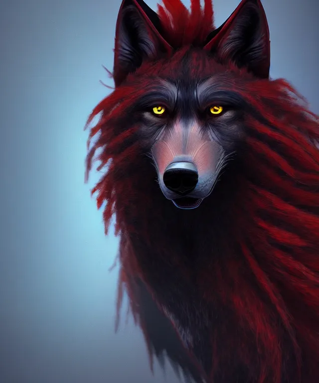 Image similar to award winning painting of a anthropomorphic black male wolf long red hair. artstation, volumetric lighting, highly detailed, photorealistic