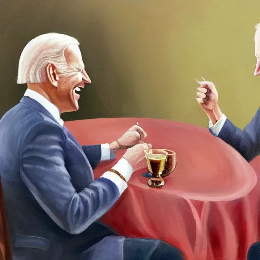 Image similar to a painting of joe biden laugh in tea party with osama bin laden, justify content center, hyper realistic content, frontal hyperdetailed realistic content, remove duplicate content