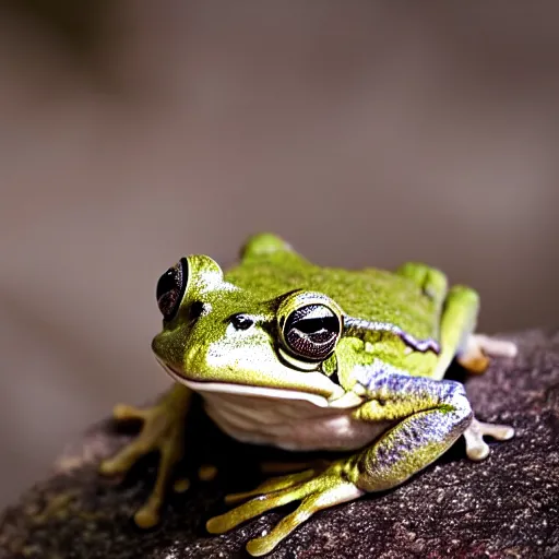 Image similar to closeup of a frog sitting on a stone in a forest, wildlife photography