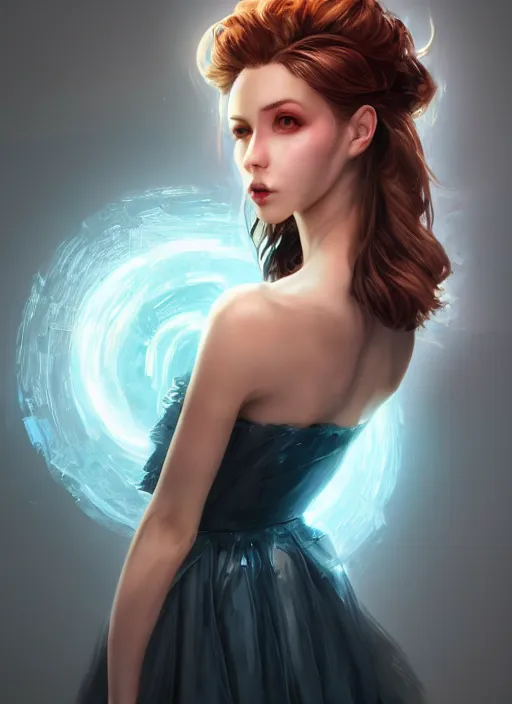 Image similar to beautiful fashion goddness, strapless dress, character portrait in the style of thomas river and artgerm, wlop, cinematic lighting, hyperdetailed, 8 k realistic, symmetrical, global illumination, radiant light, halo, love and mercy, frostbite 3 engine, cryengine, dof, trending on artstation, digital art, chanel