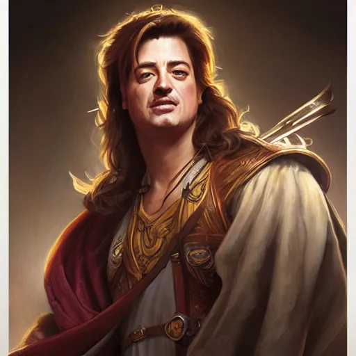 Image similar to male bard, brendan fraser, portrait, D&D, fantasy, highly detailed, digital painting, artstation, concept art, sharp focus, illustration, art by artgerm and greg rutkowski and alphonse mucha