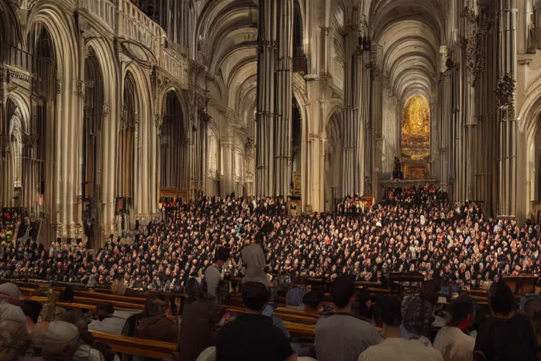 Image similar to huge crowd listens to a hermeneutic pipe organ concert in a vast basilica, matte painting, scenic full shot, ambient lighting, by makoto shinkai, artgerm, oil painting by caravaggio and goya