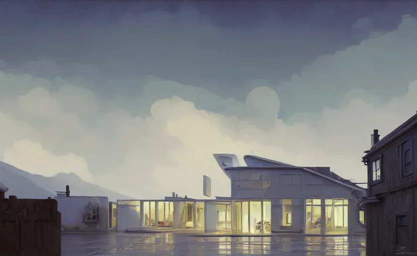 Image similar to painting of a wide angle exterior shot of a white modern architecture with cinematic lighting by richard rogers and renzo piano, darek zabrocki and greg ruthkowski, alphonse mucha, simon stalenhag and cinematic and blue cold atmospheric, archillect concept art, artstation, trending on artstation