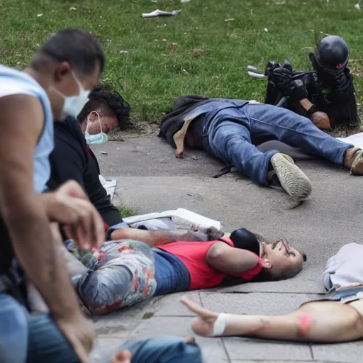 Prompt: several people laying on pavement, dead after gas attack, horror scene, landscape