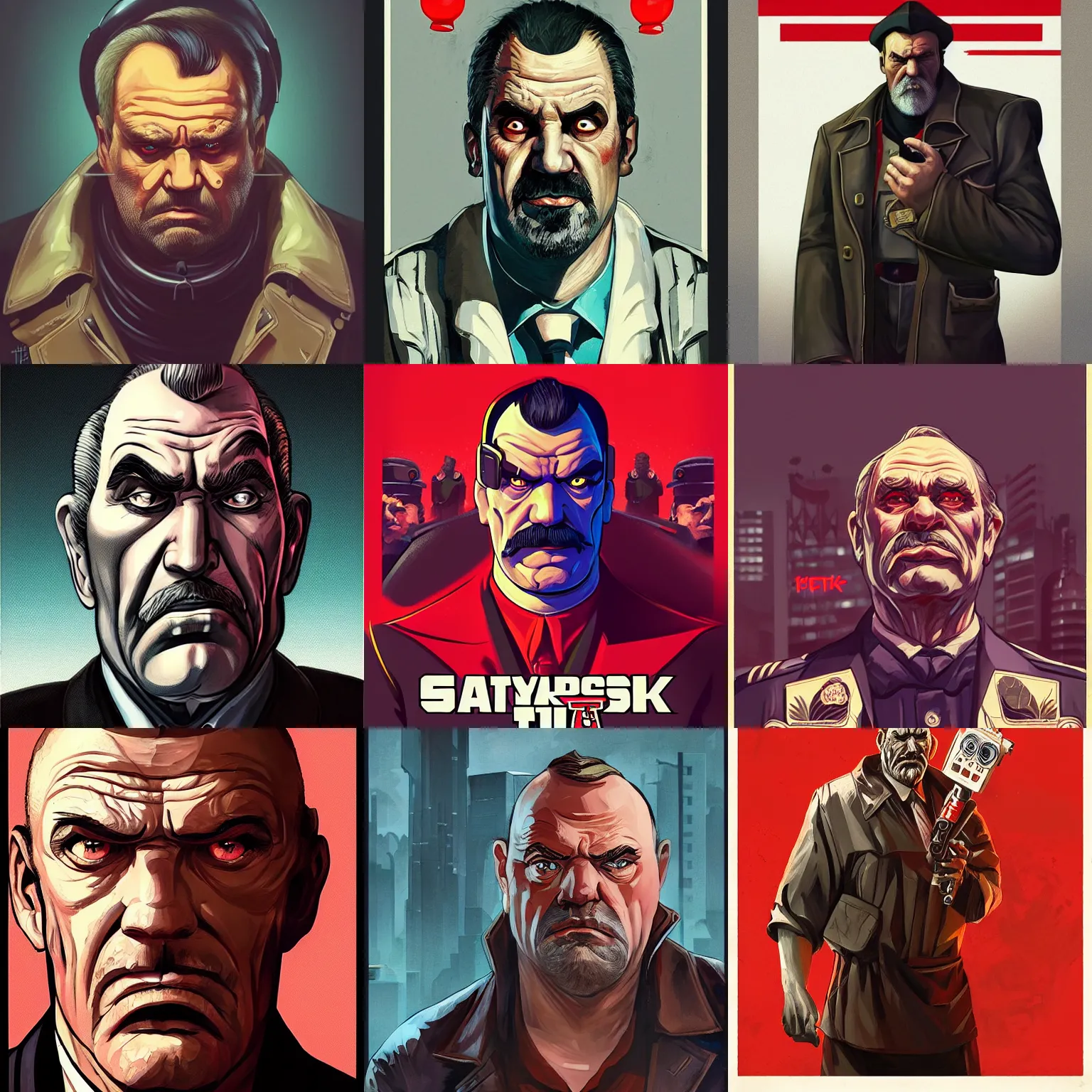 Prompt: a portrait of a stern heavy set older man with a round face and a salt and pepper goatee, in the style of a soviet era propaganda poster, cyberpunk dark fantasy art, gta 5 cover, official fanart behance hd artstation by jesper ejsing