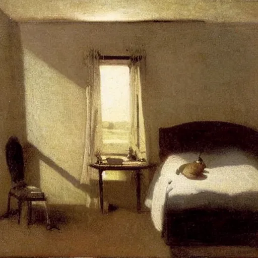 Image similar to the sunlight rays of golden hour shine upon a peaceful bedroom. still life., by camille corot