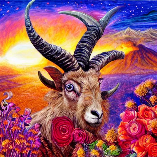 Image similar to painting by senior concept artist josephine wall, horned ram goddess checking her cell phone, erupting volcano in distance, sunset, flowers in foreground, zodiac, fantasy, acrylic on canvas, intricately detailed, highly detailed, high resolution, hdr, 8 k, trending on artstation