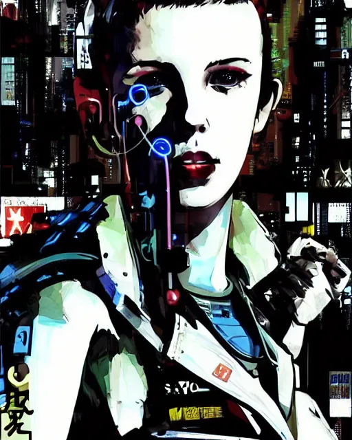 Image similar to cyberpunk millie bobby brown by yoji shinkawa