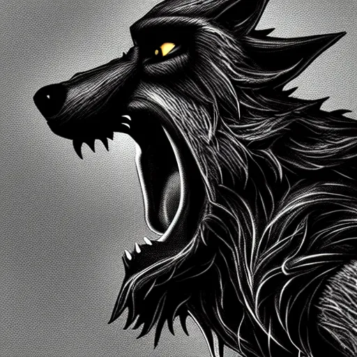 Image similar to werewolf howling at the full moon, side angle, artstation, highly detailed, intricate, black and white