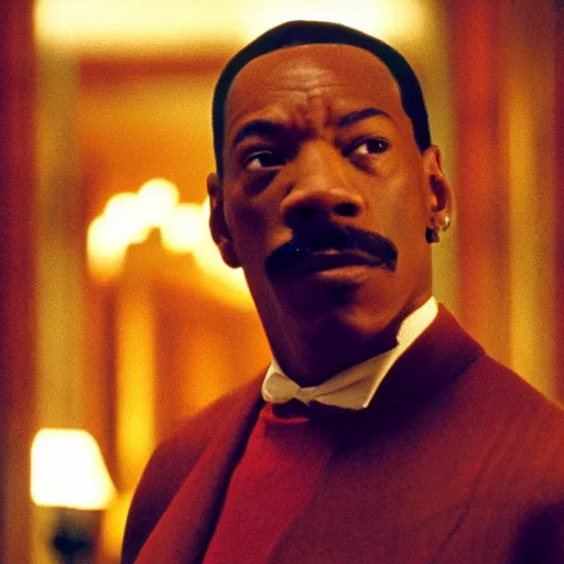 Image similar to a cinematic film still of Eddie Murphy starring in The Shining, portrait, 40mm lens, shallow depth of field, close up, split lighting, cinematic