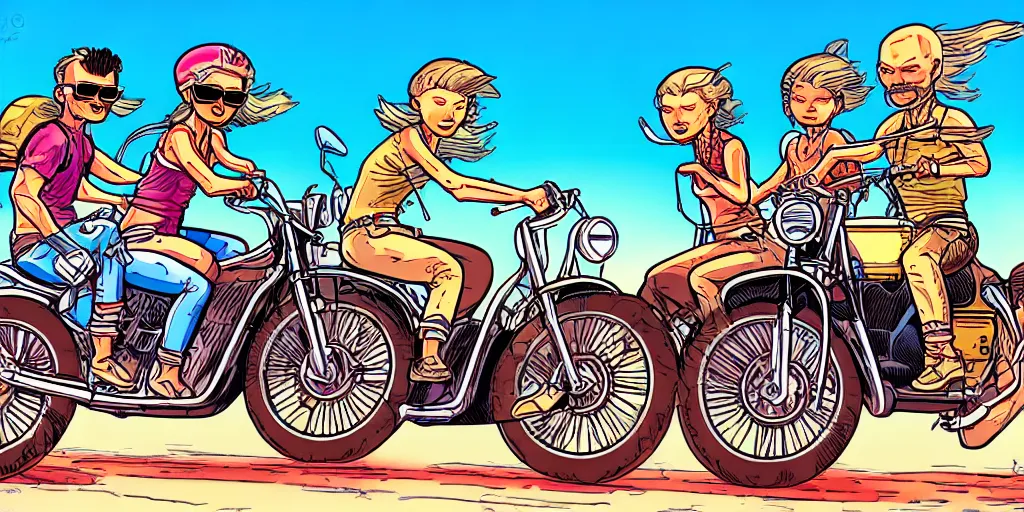 Prompt: four people riding on motorcycles in finland, summer, cartoon, moebius style, hyper - detailed