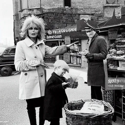 Prompt: a beautiful portait for joanna lumley selling eggs outside a co - operative store during world war 4, epic, beautiful, monumental, 4 k, mexican, victorian,