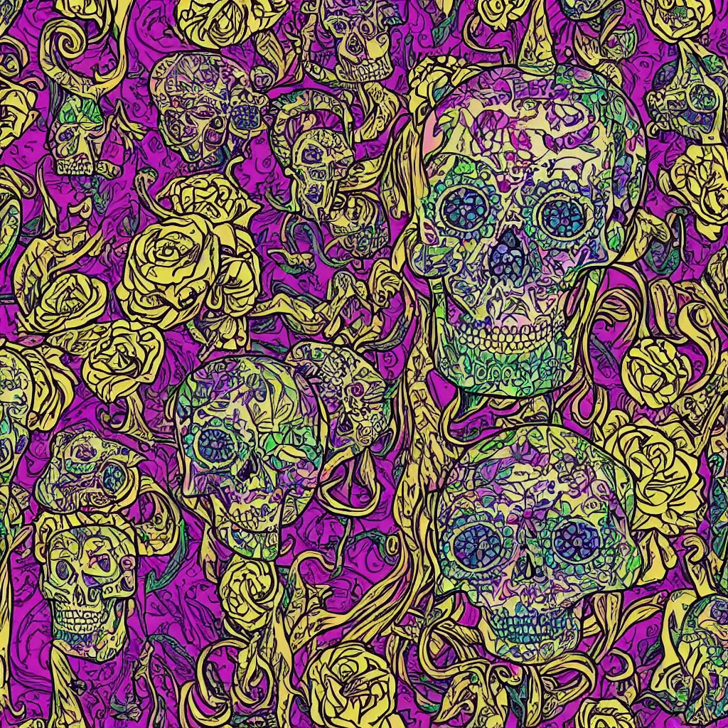 Prompt: art nouveau day of the dead skull, 4k, very detailed, psychedelic color, acid