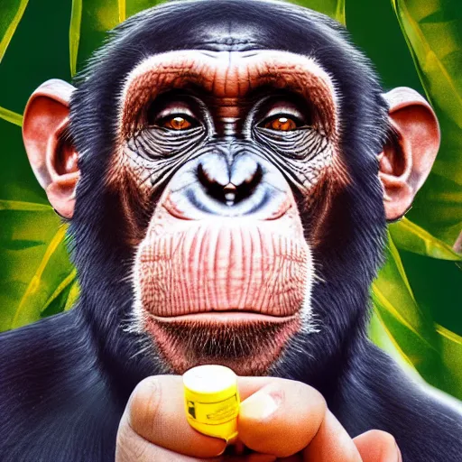 Image similar to a high detail portrait of a chimp wearing a suit 👔,and smoking🚬