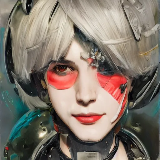 Image similar to portrait of female android by Tetsuya Nomura and Sandra Chevrier