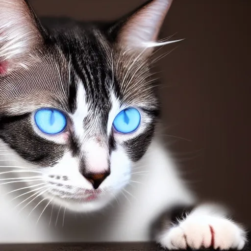 Image similar to a cat with a half white half gray nose with white whiskers and light blue eyes