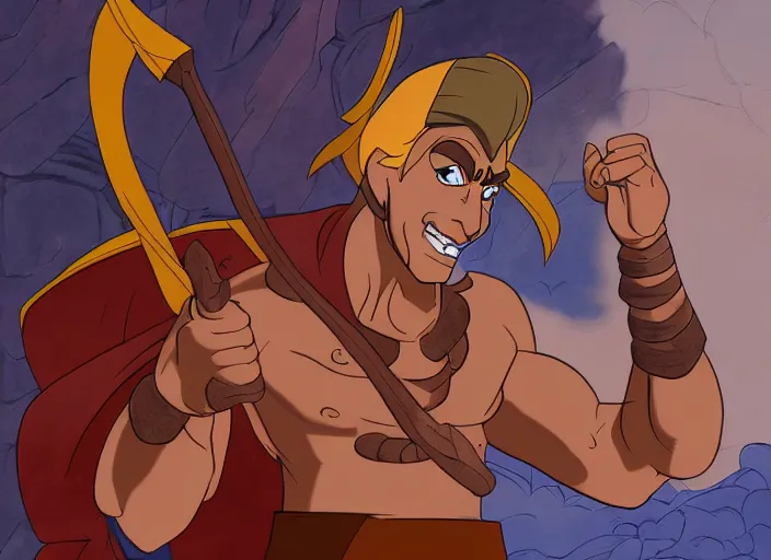Prompt: official digital painting artwork of a male warrior character by don bluth.