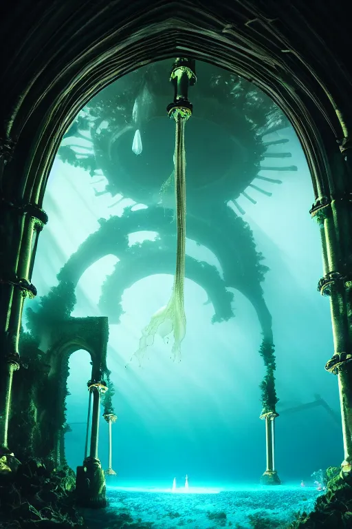 Image similar to high quality photo of cinematic underwater dystopian neo - gothic cathedral ruins with giant luminescent colorful aquatic plants and jellyfish, digital art masterpiece, aykut aydogdu eric zener, dramatic volumetric light, long shot, low angle uhd 8 k, sharp focus