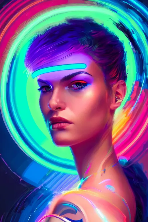 Image similar to a award winning portrait of a beautiful woman with stunning eyes in a one off shoulder crop top and cargo pants with rainbow colored hair, outlined by whirling illuminated neon lines and fine lines swirling in circles by greg rutkowski, digital art, trending on artstation