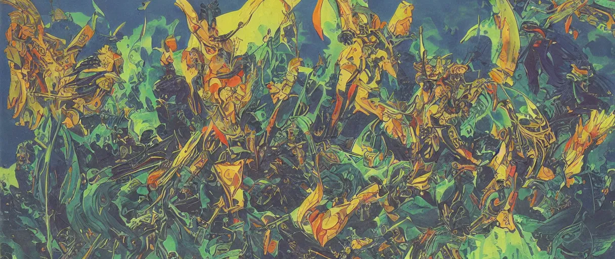 Prompt: composition of gothic and futuristic, warhammer, cyber fight japan style armor, more and more scars, thunderstorm, firestorm, blue - orange head, some green and purple, yellow, the middle ages, highly detailed, artstation, in the style of moebius, jugendstil and classic japanese print, art by by rene magritte, jean delville