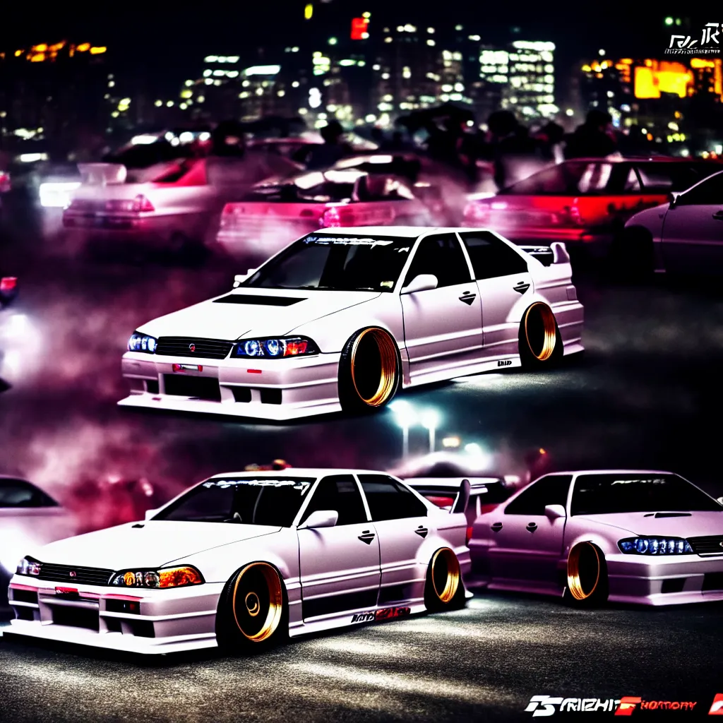 Image similar to a car JZX100 twin turbo drift at illegal car meet, Shibuya prefecture, city midnight mist lights, cinematic lighting, photorealistic, highly detailed wheels, high detail