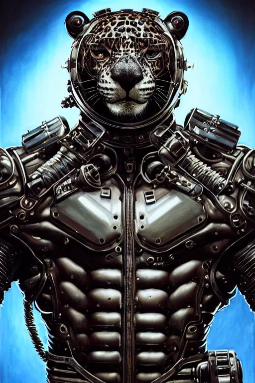 Image similar to a portrait of a muscular anthropomorphic cyberpunk jaguar in spacesuit armor with ensignia on chest plate by sandra chevrier, by jon foster, detailed render, post - processing, extremely hyperdetailed, intricate, epic composition, cybernetics, 4 k realistic, cryengine, realistic shaded lighting, sharp focus, masterpiece, by enki bilal