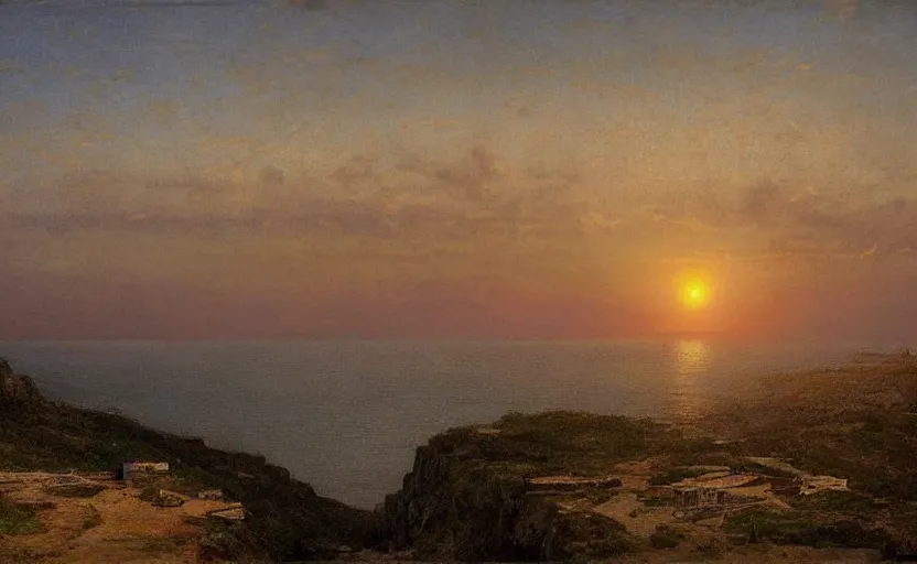 Image similar to early 1900s town on a cliff overlooking the ocean, at sunset, 4k, rule of thirds, extreme detail, hazy water, intricate ink illustration, trending on artstation, cgsociety, hd, calm, complimentary colours, realistic lighting, by Albert Bierstadt, Frederic Edwin Church.