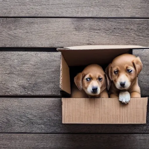 Prompt: an open cardboard box on a wooden floor filled with puppies, top view, dslr photo