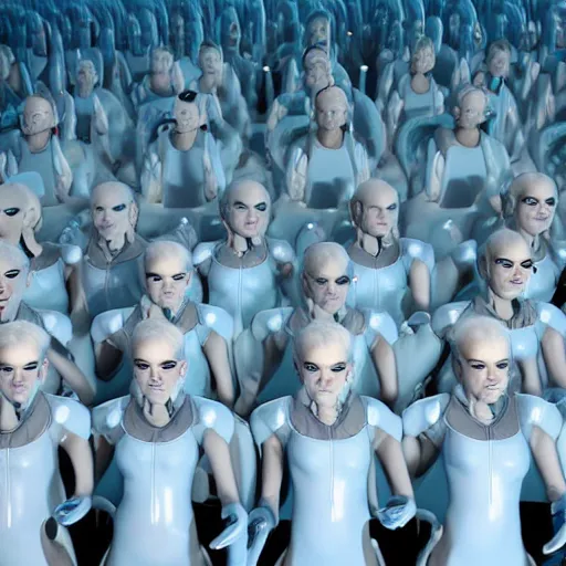 Image similar to troop of cloned freakshow women with white bob hairdos, tight light blue neopren suits, futuristic production facility, sci - fi, highly detailed, cinematic