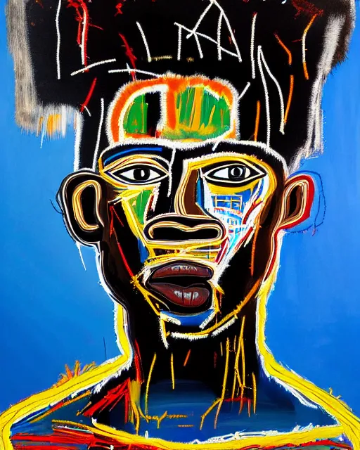 Image similar to A extremely ultra highly detailed majestic hi-res beautiful immaculate head and shoulders award winning painting stunning portrait masterpiece of the face of a strong black african man by Jean-Michel Basquiat, 8k, high textures, ultra hyper sharp, insanely detailed and intricate, super detailed, 8k HDR ultra high quality