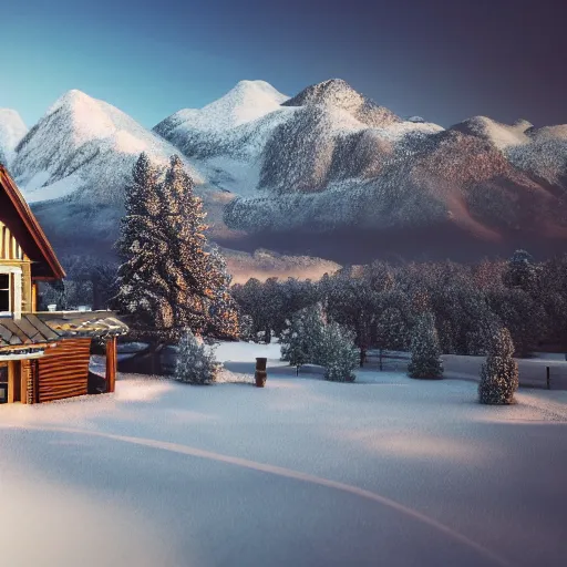 Prompt: a photo of a landscape of a house with views on snowy mountains, high detailed, hyper realistic, art station, 4k, 8k