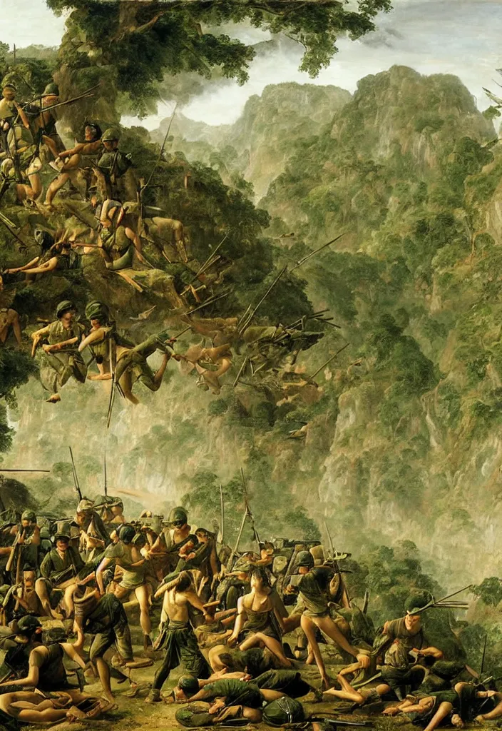 Image similar to vietnam war by jacques - louis david, green jungle, helicopters, battlefield