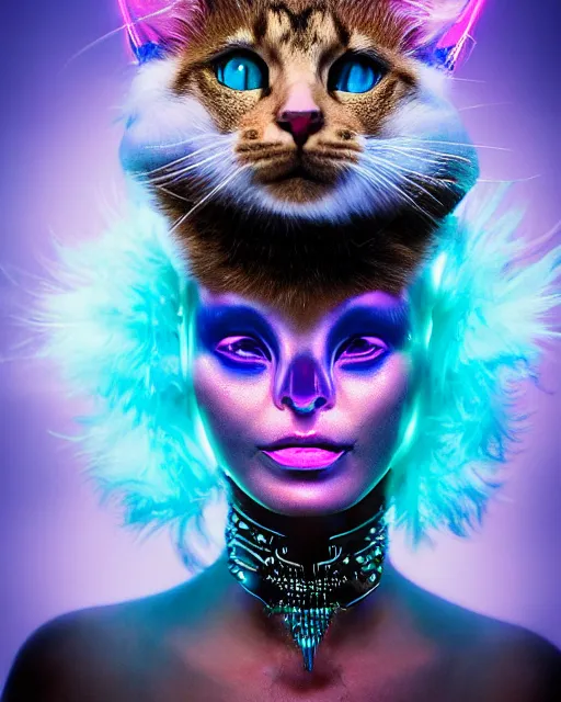 Image similar to natural light, soft focus portrait of a cyberpunk anthropomorphic cat with soft synthetic pink skin, blue bioluminescent plastics, smooth shiny metal, elaborate ornate head piece, piercings, skin textures, by annie leibovitz, paul lehr