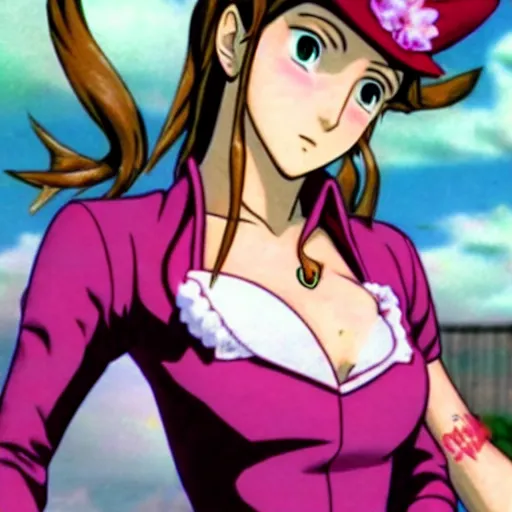 Image similar to aerith gainsborough in jojos bizarre adventure, high quality