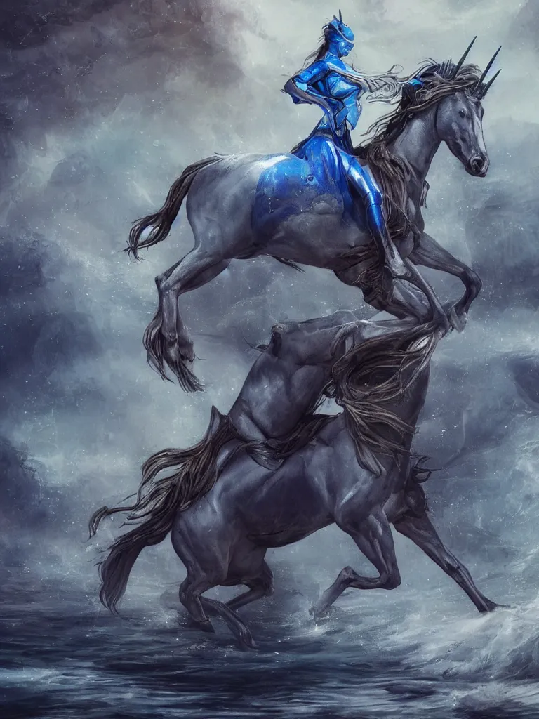 Image similar to a vintage photo of a sad maiden riding on the unicorn in the river, gloomy, strong subsurface scattering, cobalt blue, symmetrical, highly detailed, digital painting, artstation, painted by stjepan sejic, concept art, smooth, sharp focus, illustration, cinematic lighting, 8 k resolution