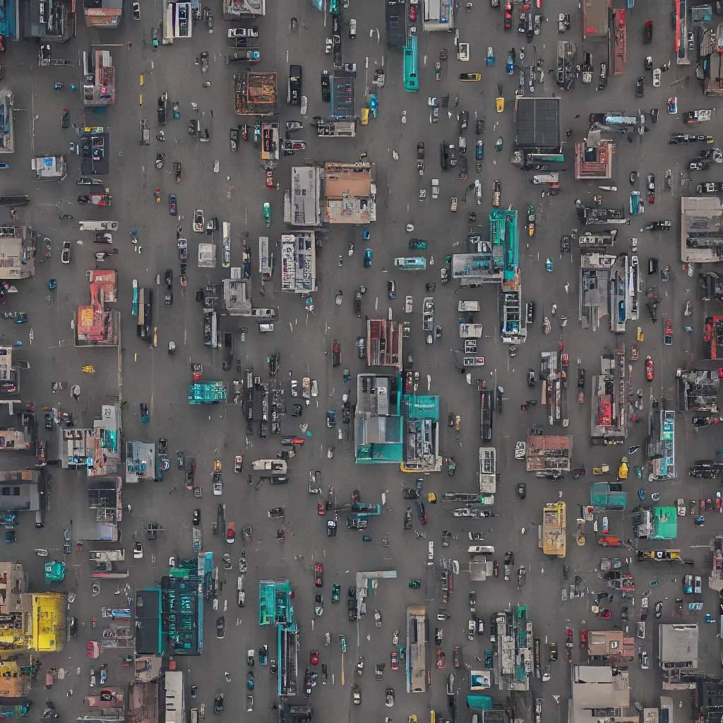 Prompt: eagle-eye view of single street. Cyberpunk futurepunk advanced civilisation. future cars.