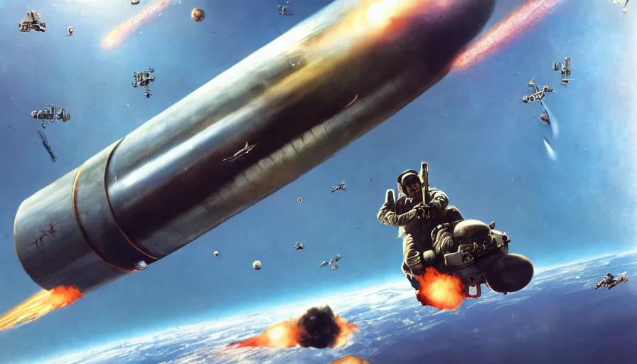 Image similar to saddam hussein riding a icbm in space, dragons chasing, ultra realistic, 4 k, artstation, sharp focus, highly detailed, historically accurate