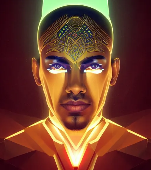 Image similar to symmetry!! egyptian king of technology, solid cube of light, hard edges, product render retro - futuristic poster scifi, lasers and neon circuits, brown skin male egyptian king, intricate, elegant, highly detailed, digital painting, artstation, concept art, smooth, sharp focus, illustration, dreamlike, art by artgerm