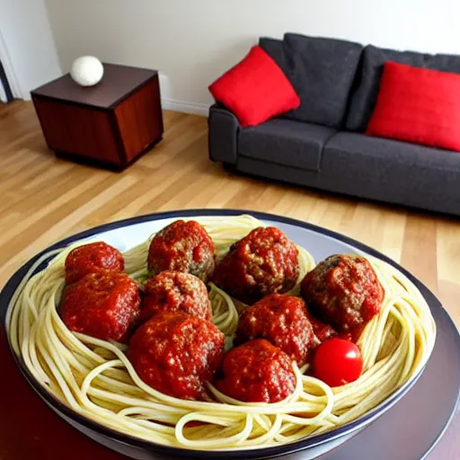 Image similar to spaghetti and meatballs shaped into a living room set