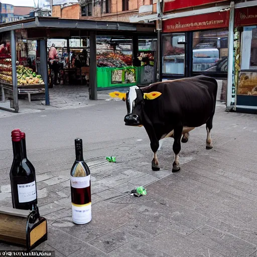 Image similar to a cow steals wine from a market stall. one of the bottles breaks spilling its contents on the street. a guard is going after the cow