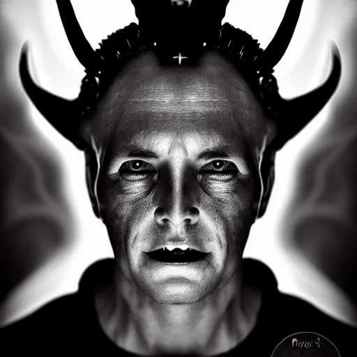 Image similar to photorealistic, iso - 4 0 0, canon eos 5 d mark iv, shot on 7 0 mm, portrait of male archangel bellringer form lexx by lee jeffries and platon silveed skin, flame halo ring over head, demonic, horns, fangs, nd 4, perfect studio lighting