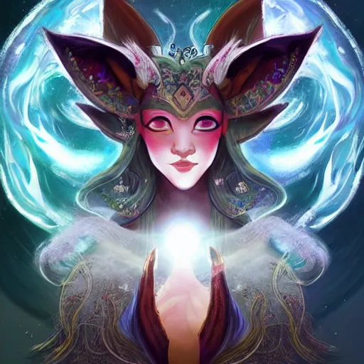 Prompt: a painted avatar portrait of an awesome cosmic powerful humanoid kitsune fox mage themed around life and death and the stars and the cosmos and dressed in elegant elven mage robes, in the style of dnd beyond avatar portraits, beautiful, artistic, elegant, lens flare, magical, lens flare, nature, realism, stylized, art by jeff easley