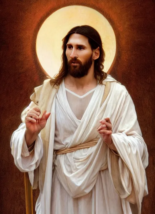 Image similar to portrait lionel messi as jesus, full length shot, shining, 8 k highly detailed, sharp focus, illustration, art by artgerm, mucha, bouguereau