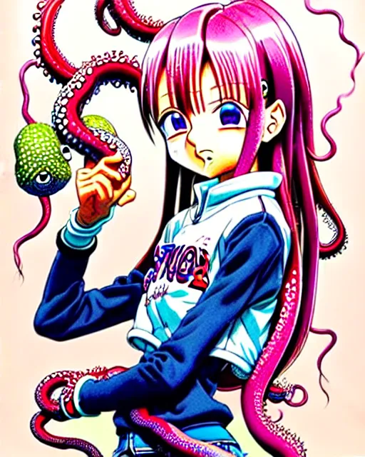 Image similar to a richly detailed color  illustration depicting a pretty teenage girl as a cute prep highschool student surrounded by slimy tentacles. 3D shadowing effect, ultra ornate detail. masterfully illustrated by Akira Toriyama and Mina Petrovic and Range Murata.