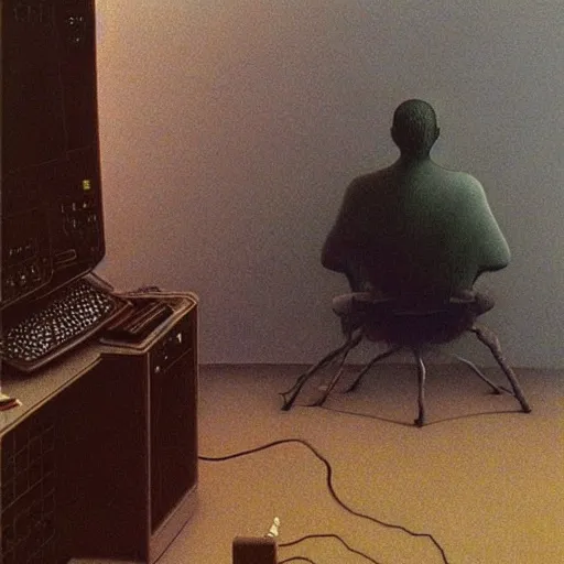 Image similar to gamer at his computer Zdzisław Beksiński, oil on canvas