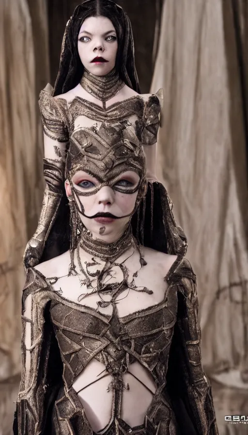 Image similar to dressed anya taylor - joy as senobith, symmetrical, cinematic, elegant, dark, real photography, costume made by clive barker, 4 k, ultra hd, sense of awe