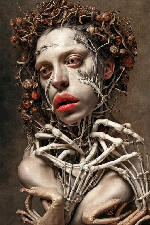 Image similar to Detailed maximalist portrait of a greek god with large lips and eyes, scared expression, botanical anatomy, skeletal with extra fleshy limbs, HD mixed media, 3D collage, highly detailed and intricate, surreal illustration in the style of Jenny Saville, dark art, baroque, centred in image