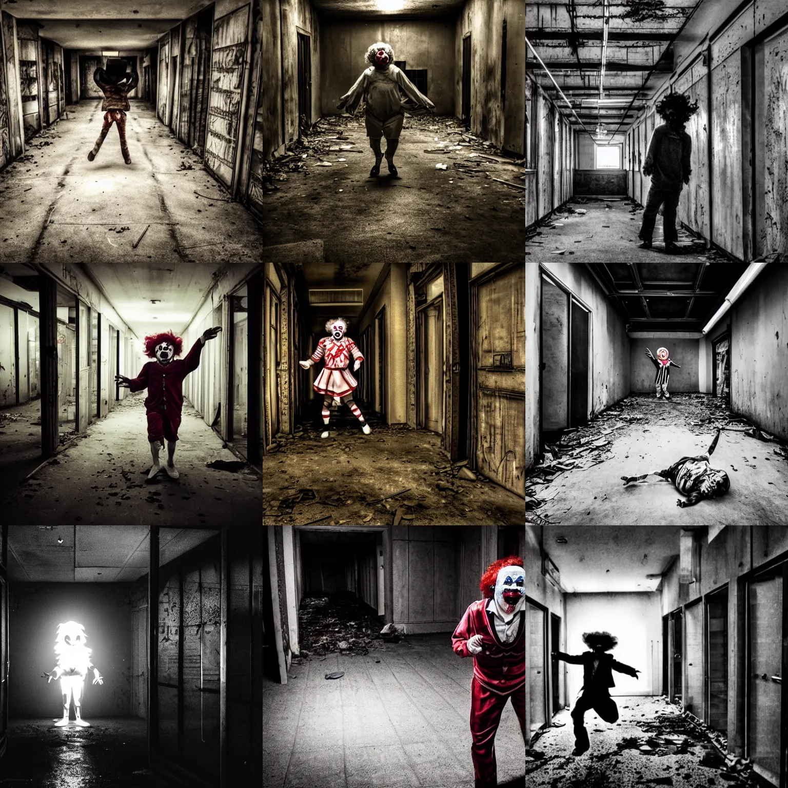 Prompt: a clown chasing you through an abandoned store, lights off, dark, scary, horror, photography